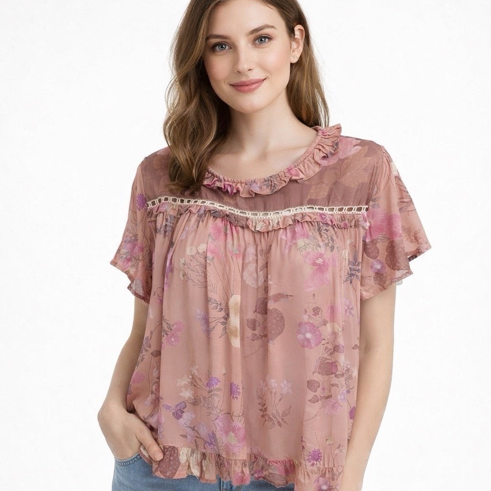 Spell & The Gypsy Collective Floral Blouse Size S Pink Boho Ruffle Top Lace Trim